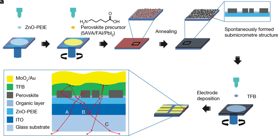 PEROVSKITE LIGHT-EMITTING DIODES BASED ON SPONTANEOUSLY FORMED SUBMICROMETRE-SCALE STRUCTURES (NATURE 562, 249-253 (2018))